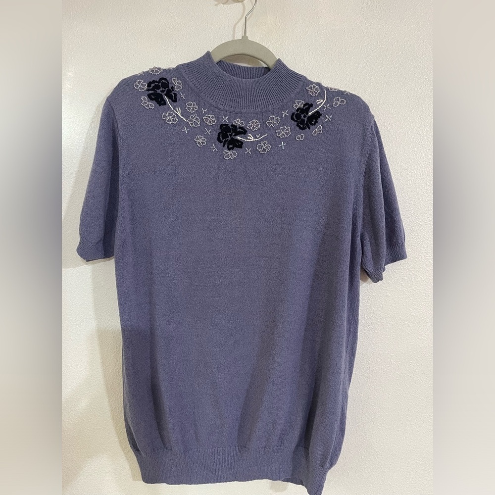 TANJAY petite lavender embroidered short sleeve sweater white Y2K pinup top Sz M